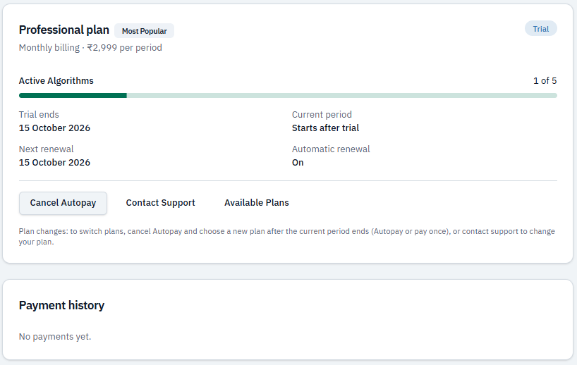 Billing and Subscription page showing a Professional plan on trial, active algorithms 1 of 5, trial end date, renewal, and payment history