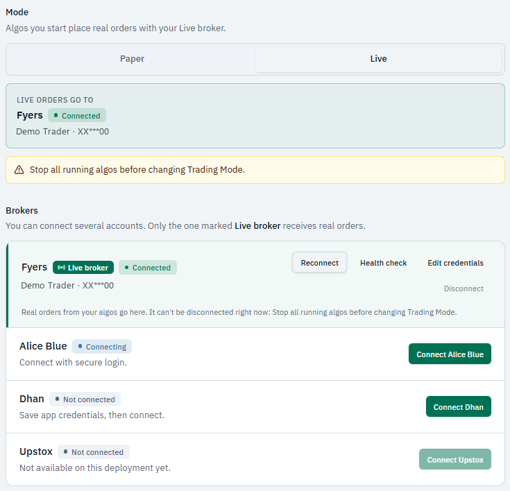 Broker settings showing the Live broker, Paper and Live mode switch, and cards for Fyers, Alice Blue, Dhan and Upstox