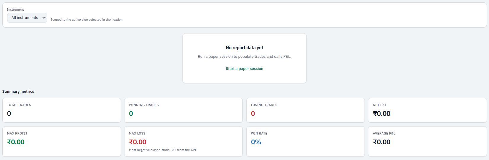 Reports page with the instrument filter, summary metrics and daily P&L panel